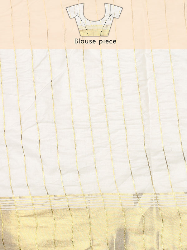 Off-White Cotton Set Saree with Purple-Golden Accents and Golden Thread Stripes