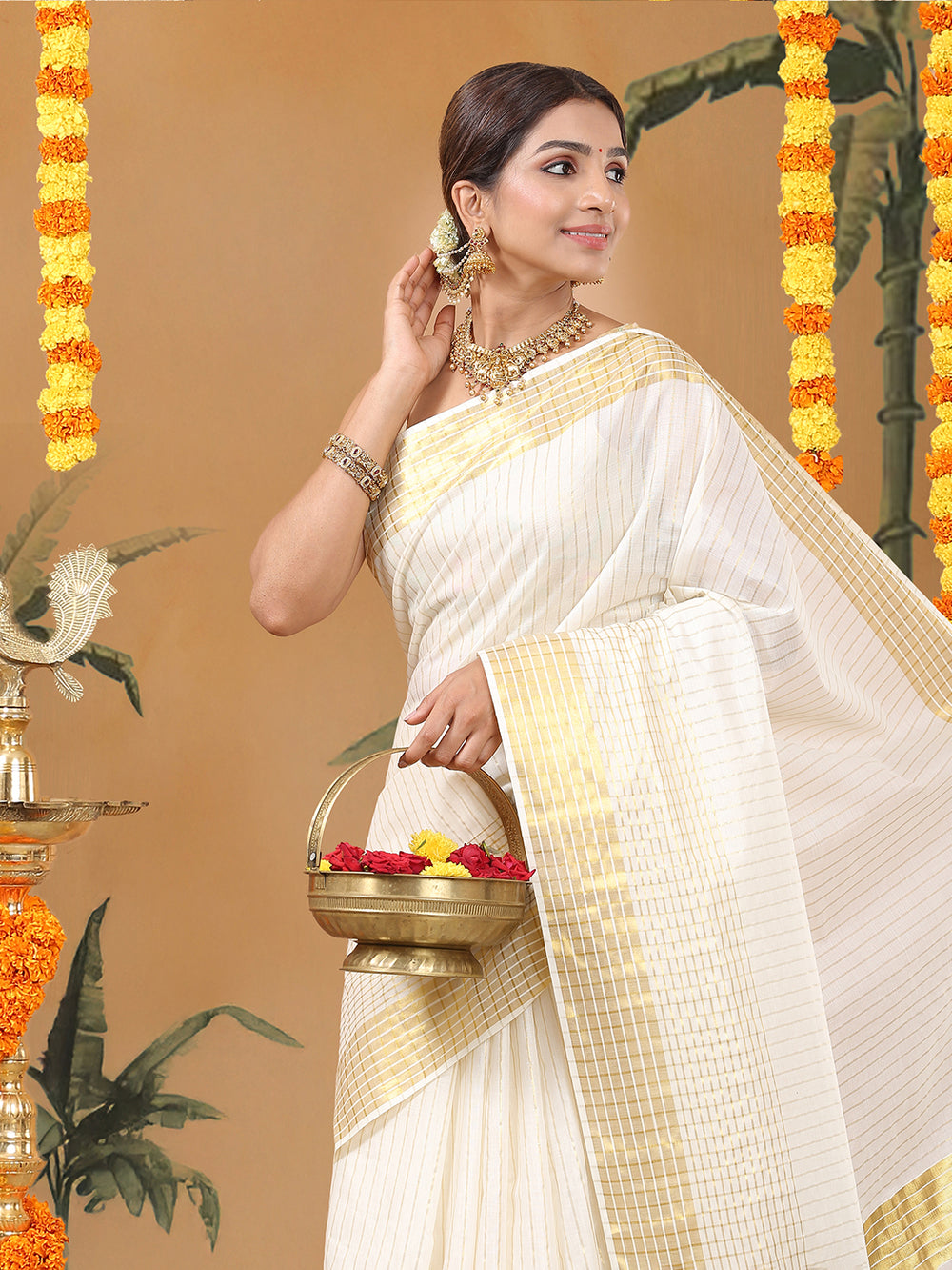 Off-White Cotton Set Saree with Vertical Stripes and White-Golden Border