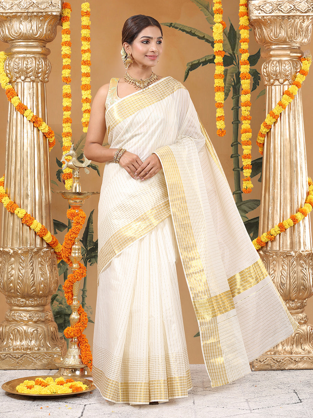 Off-White Cotton Set Saree with Vertical Stripes and White-Golden Border