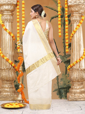 Off-White Cotton Set Saree with Vertical Stripes and White-Golden Border