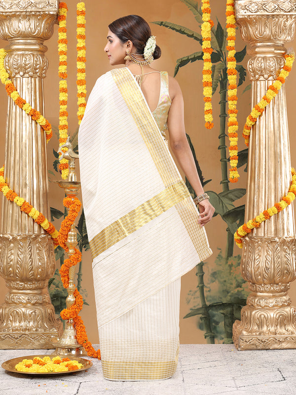 Off-White Cotton Set Saree with Vertical Stripes and White-Golden Border