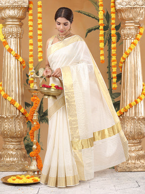 Off-White Cotton Set Saree with Vertical Stripes and White-Golden Border