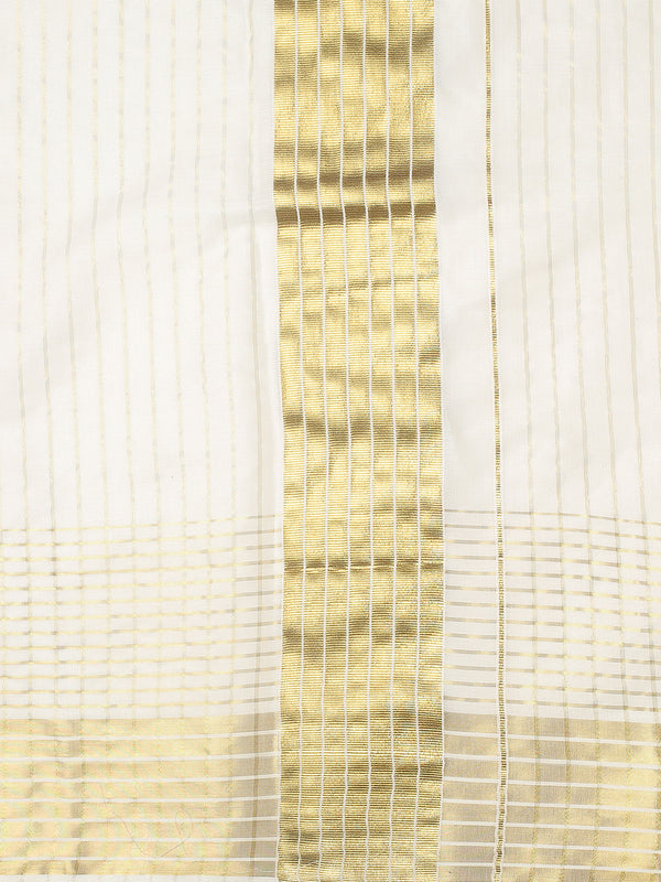 Off-White Cotton Set Saree with Vertical Stripes and White-Golden Border