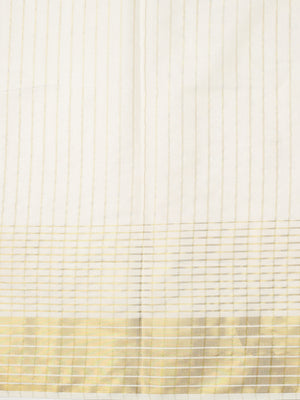 Off-White Cotton Set Saree with Vertical Stripes and White-Golden Border