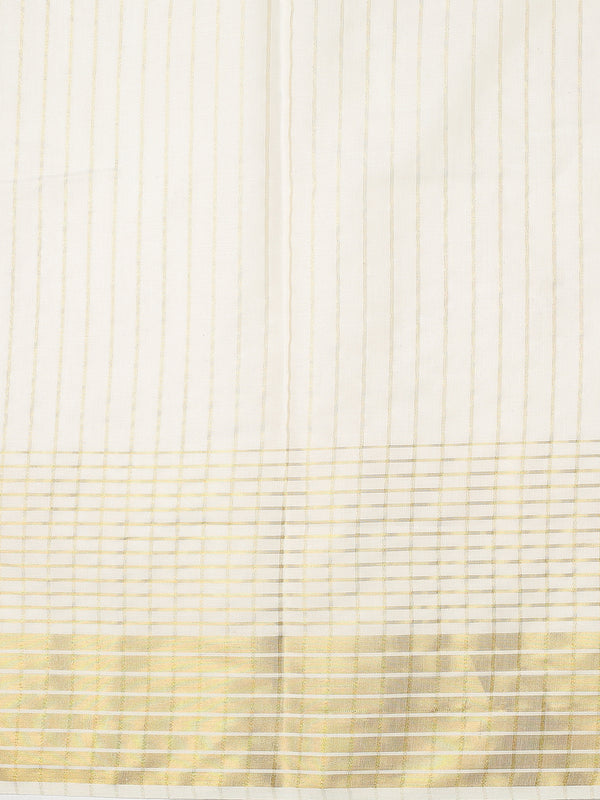 Off-White Cotton Set Saree with Vertical Stripes and White-Golden Border