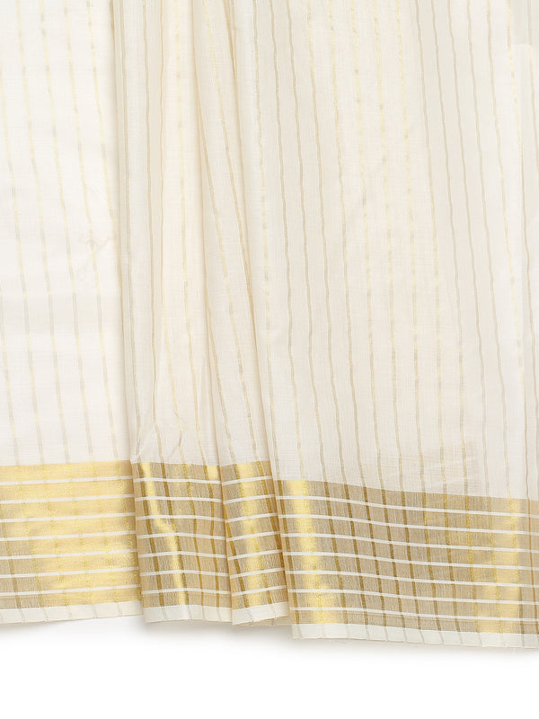 Off-White Cotton Set Saree with Vertical Stripes and White-Golden Border