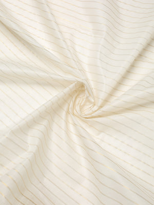 Off-White Cotton Set Saree with Vertical Stripes and White-Golden Border
