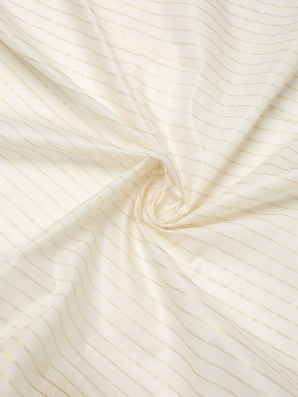 Off-White Cotton Set Saree with Vertical Stripes and White-Golden Border