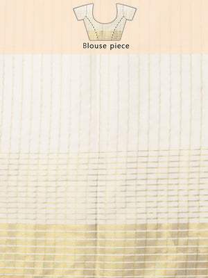 Off-White Cotton Set Saree with Vertical Stripes and White-Golden Border