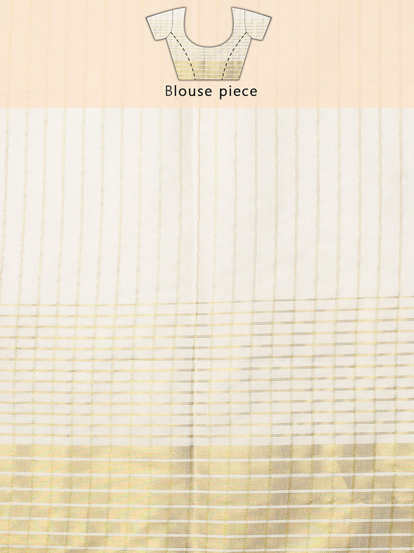 Off-White Cotton Set Saree with Vertical Stripes and White-Golden Border