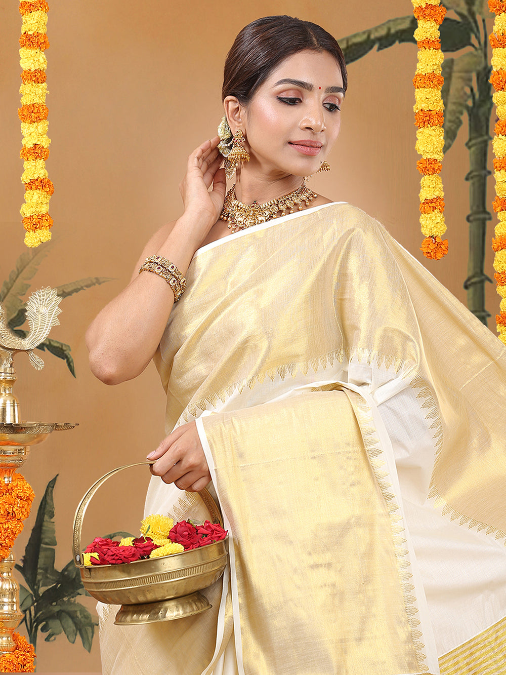 Off-White Cotton Set Saree with Temple Zari Design Near Kasavu Border & Golden  Striped Pallu
