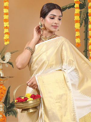 Off-White Cotton Set Saree with Temple Zari Design Near Kasavu Border & Golden  Striped Pallu