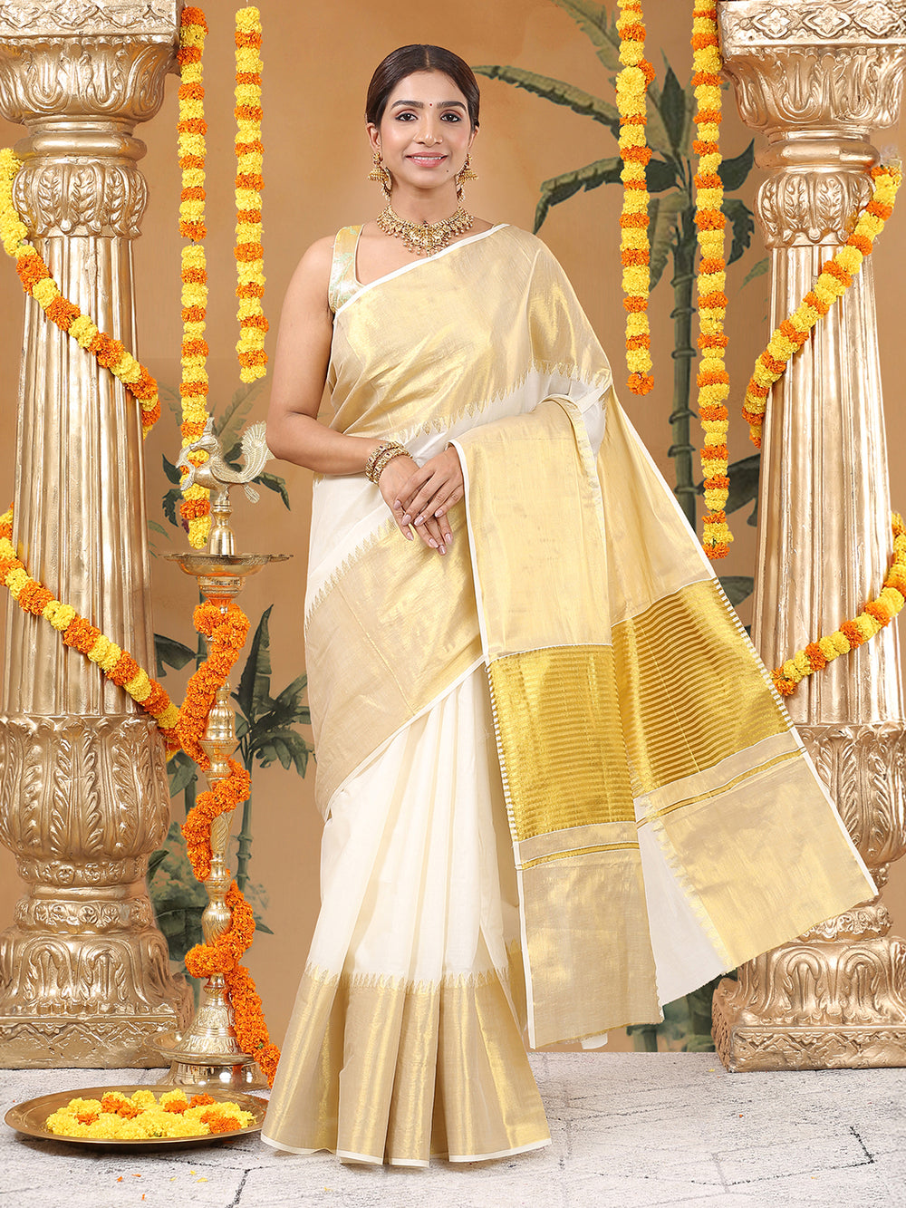 Off-White Cotton Set Saree with Temple Zari Design Near Kasavu Border & Golden  Striped Pallu
