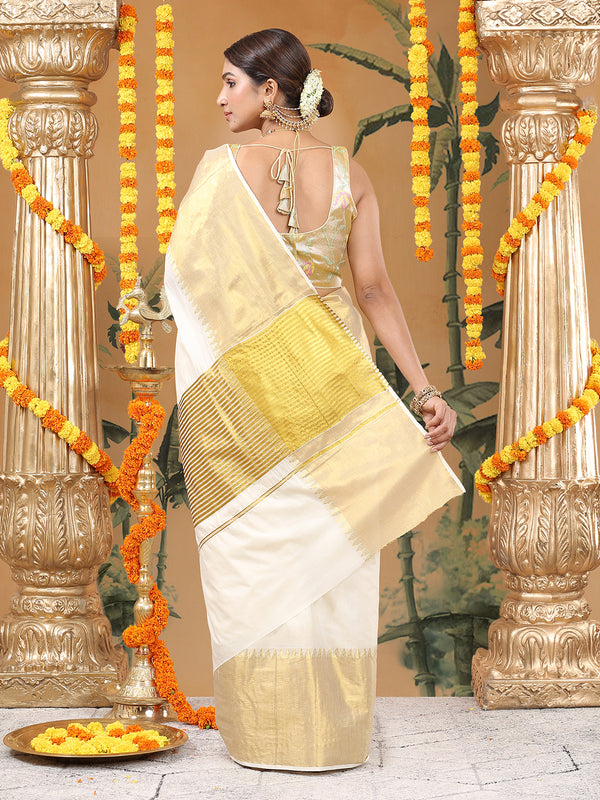 Off-White Cotton Set Saree with Temple Zari Design Near Kasavu Border & Golden  Striped Pallu
