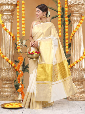 Off-White Cotton Set Saree with Temple Zari Design Near Kasavu Border & Golden  Striped Pallu