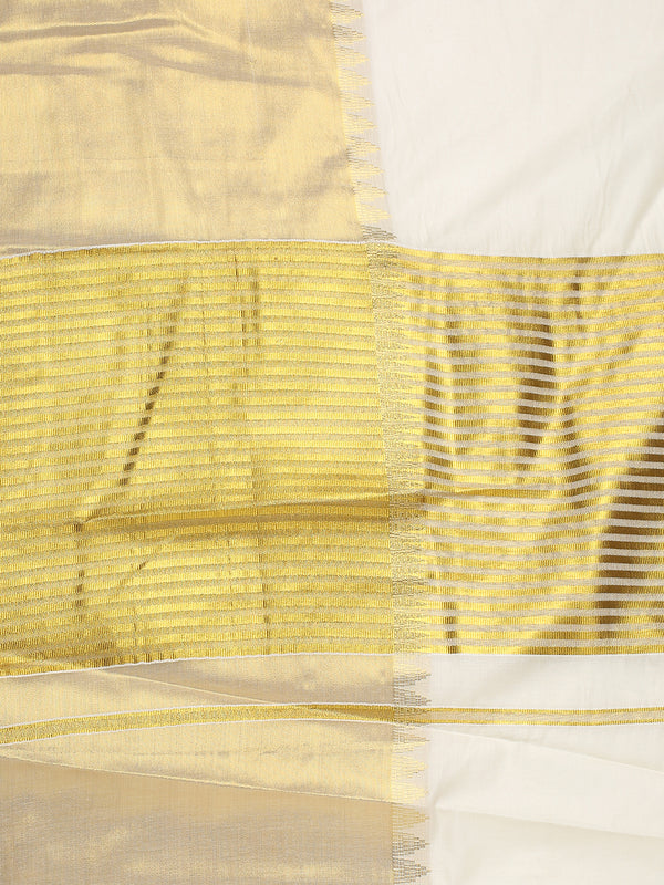 Off-White Cotton Set Saree with Temple Zari Design Near Kasavu Border & Golden  Striped Pallu