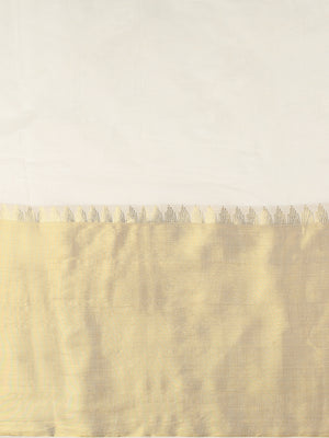 Off-White Cotton Set Saree with Temple Zari Design Near Kasavu Border & Golden  Striped Pallu