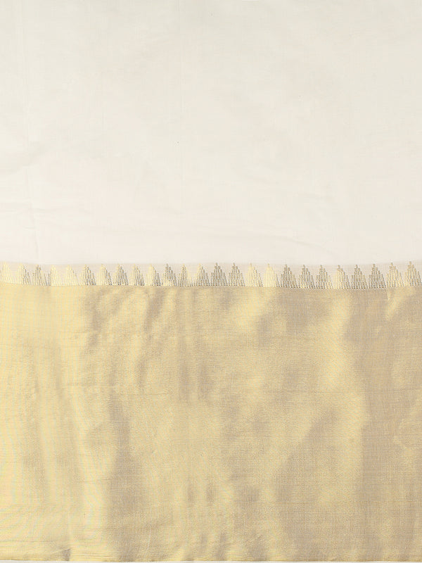 Off-White Cotton Set Saree with Temple Zari Design Near Kasavu Border & Golden  Striped Pallu