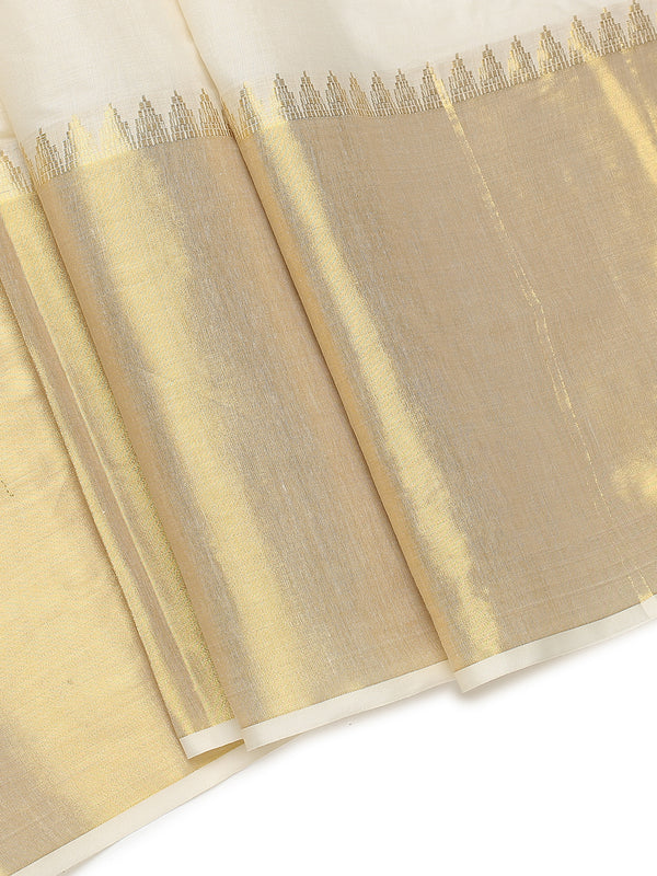 Off-White Cotton Set Saree with Temple Zari Design Near Kasavu Border & Golden  Striped Pallu
