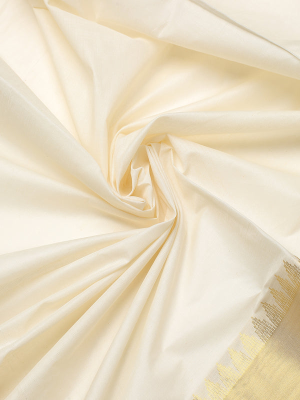 Off-White Cotton Set Saree with Temple Zari Design Near Kasavu Border & Golden  Striped Pallu