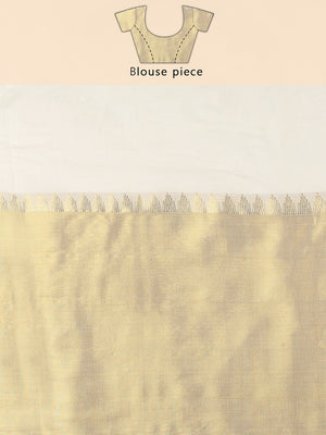 Off-White Cotton Set Saree with Temple Zari Design Near Kasavu Border & Golden  Striped Pallu