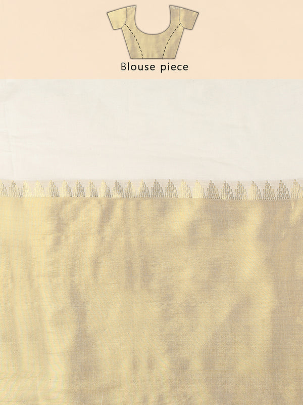 Off-White Cotton Set Saree with Temple Zari Design Near Kasavu Border & Golden  Striped Pallu