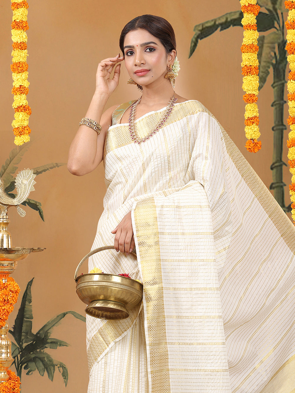 Off-White Cotton Striped Saree with Golden Kasavu and Checker Woven Border