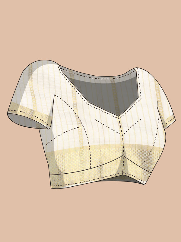 Off-White Cotton Striped Saree with Golden Kasavu and Checker Woven Border