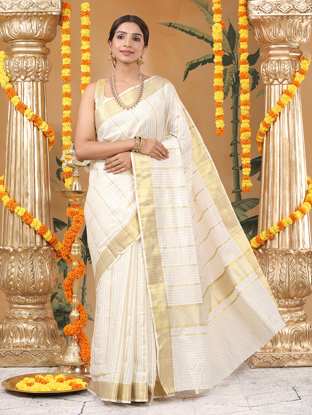 Off-White Cotton Striped Saree with Golden Kasavu and Checker Woven Border