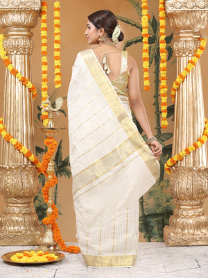 Off-White Cotton Striped Saree with Golden Kasavu and Checker Woven Border