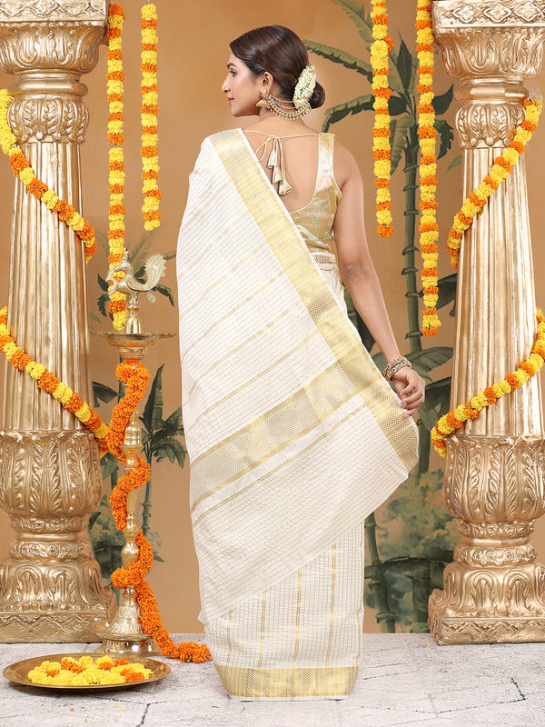 Off-White Cotton Striped Saree with Golden Kasavu and Checker Woven Border