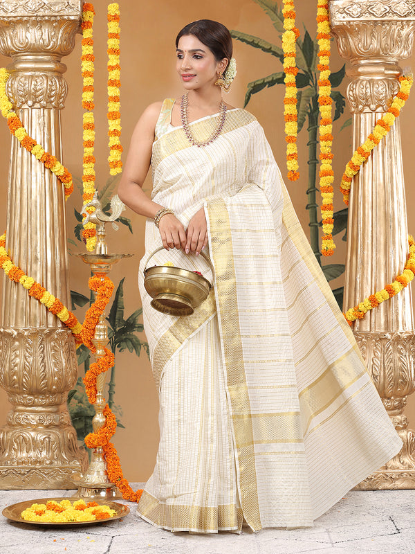 Off-White Cotton Striped Saree with Golden Kasavu and Checker Woven Border