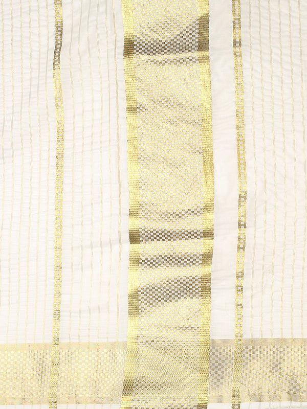 Off-White Cotton Striped Saree with Golden Kasavu and Checker Woven Border