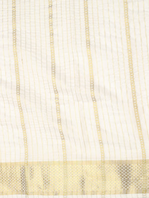 Off-White Cotton Striped Saree with Golden Kasavu and Checker Woven Border