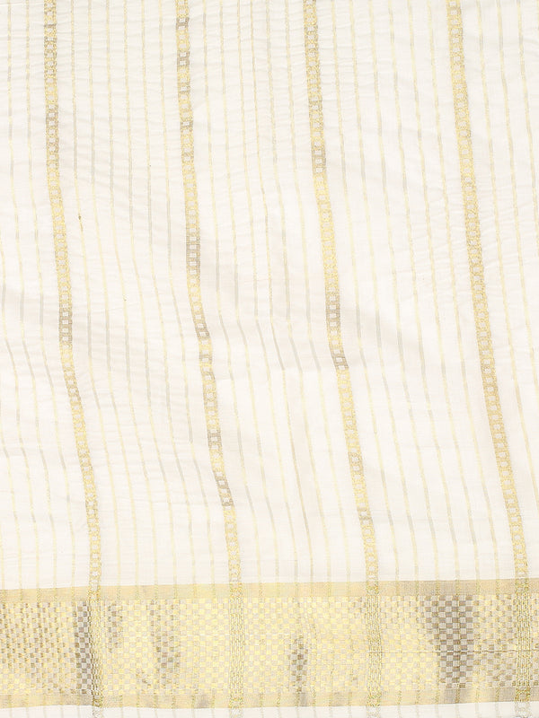 Off-White Cotton Striped Saree with Golden Kasavu and Checker Woven Border