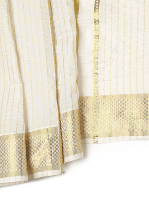 Off-White Cotton Striped Saree with Golden Kasavu and Checker Woven Border