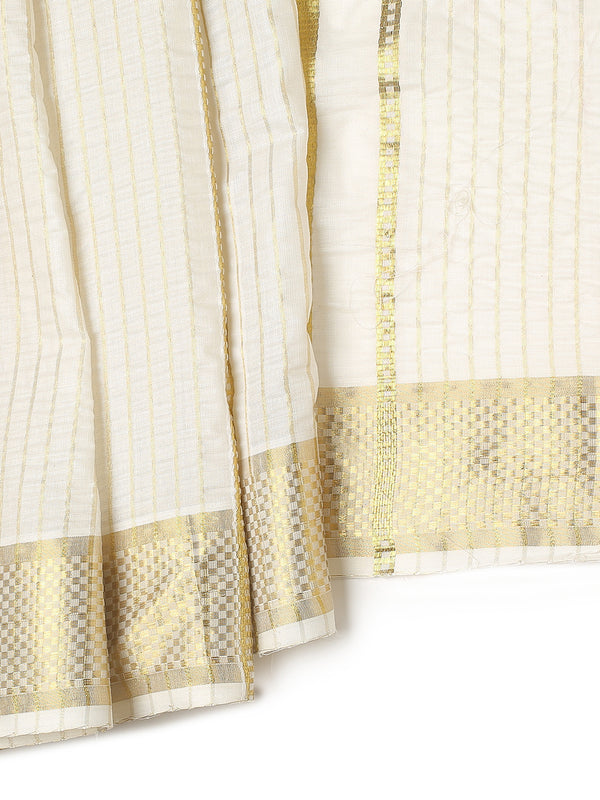 Off-White Cotton Striped Saree with Golden Kasavu and Checker Woven Border