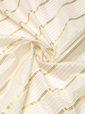 Off-White Cotton Striped Saree with Golden Kasavu and Checker Woven Border