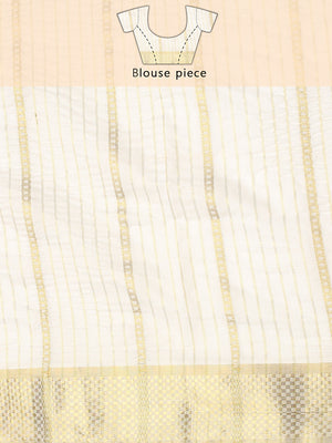 Off-White Cotton Striped Saree with Golden Kasavu and Checker Woven Border