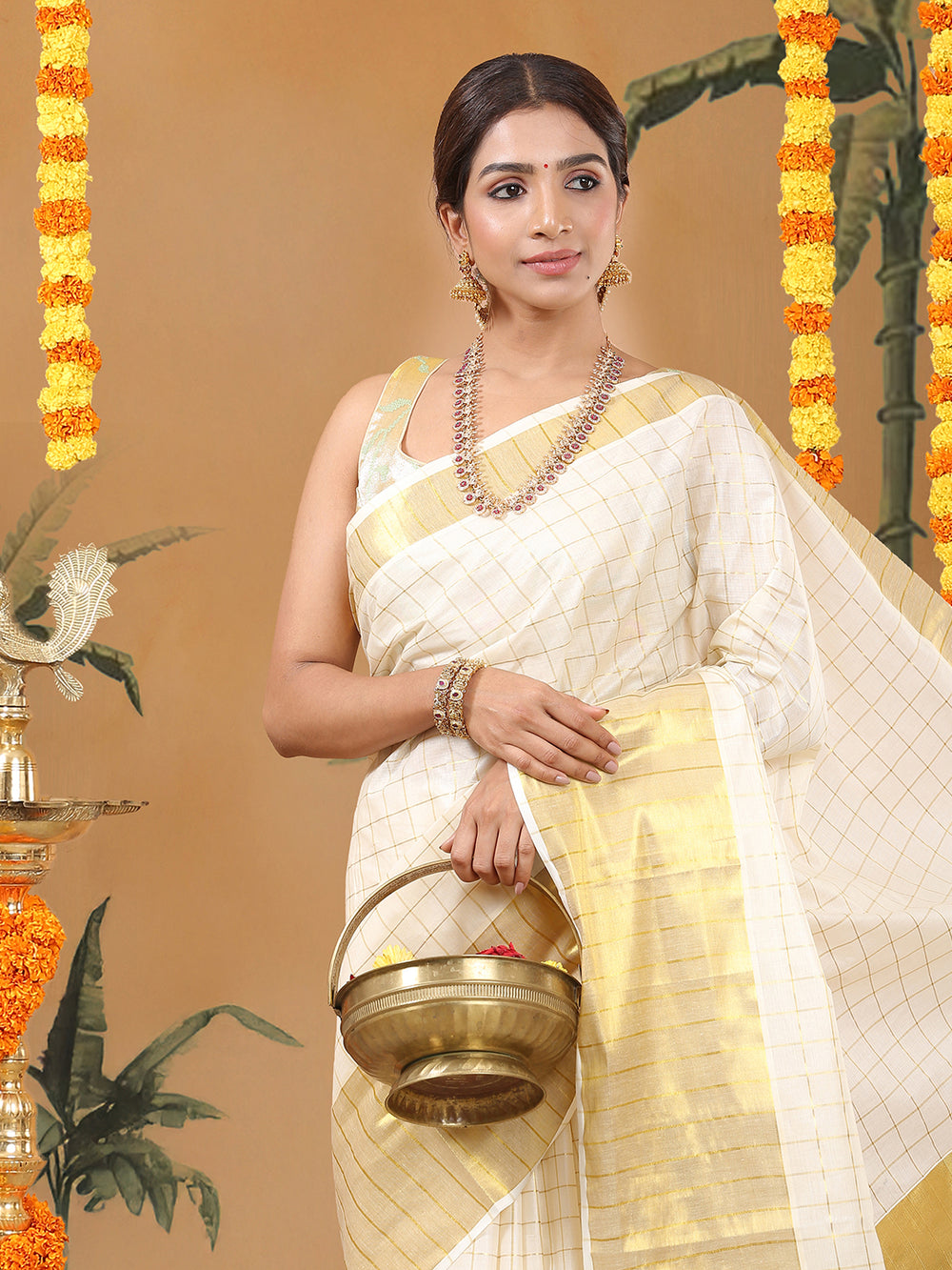 Off-White Cotton Set Saree with Dual Kasavu Borders and Golden Checks