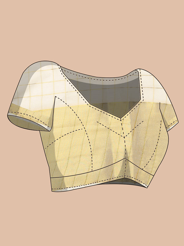 Off-White Cotton Set Saree with Dual Kasavu Borders and Golden Checks