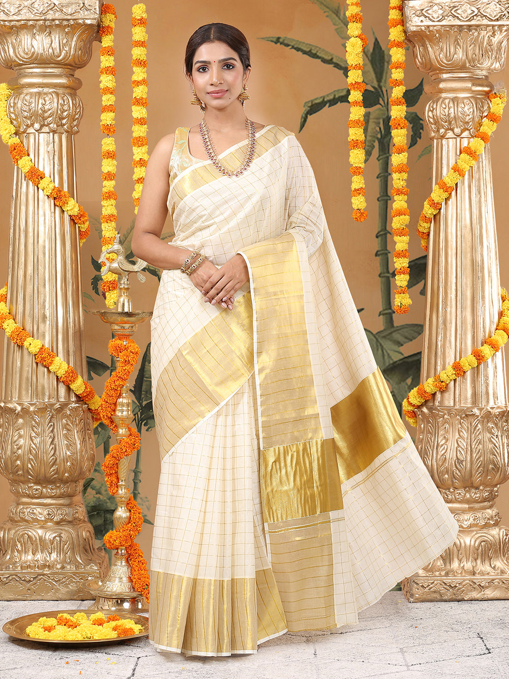 Off-White Cotton Set Saree with Dual Kasavu Borders and Golden Checks