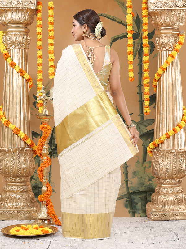 Off-White Cotton Set Saree with Dual Kasavu Borders and Golden Checks
