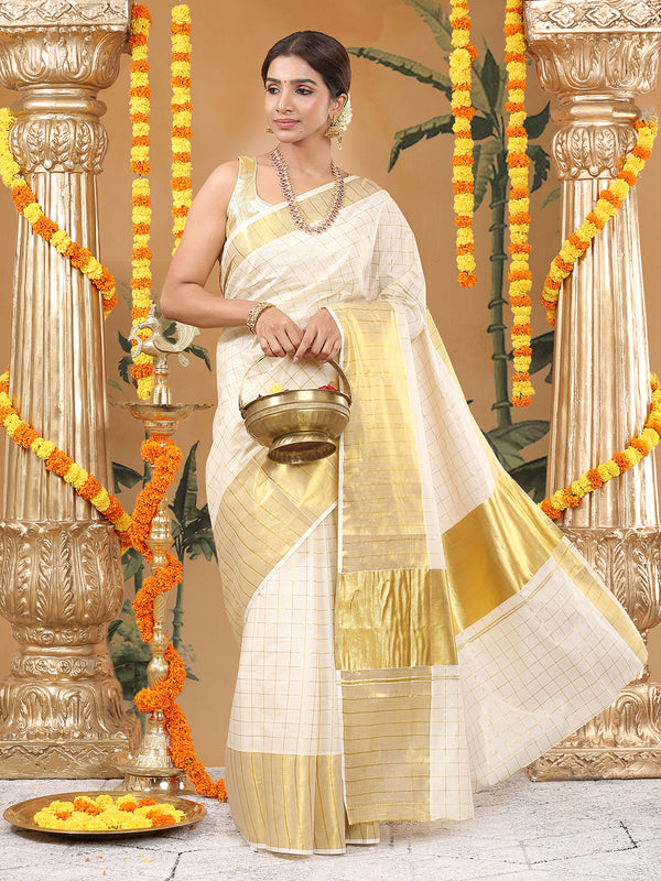 Off-White Cotton Set Saree with Dual Kasavu Borders and Golden Checks