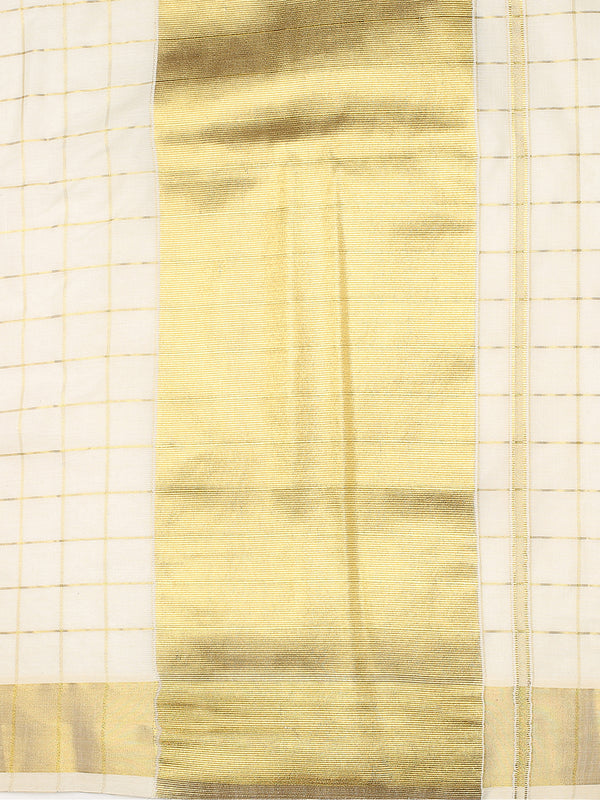 Off-White Cotton Set Saree with Dual Kasavu Borders and Golden Checks