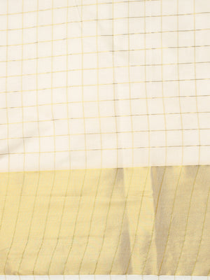 Off-White Cotton Set Saree with Dual Kasavu Borders and Golden Checks