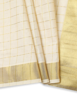 Off-White Cotton Set Saree with Dual Kasavu Borders and Golden Checks