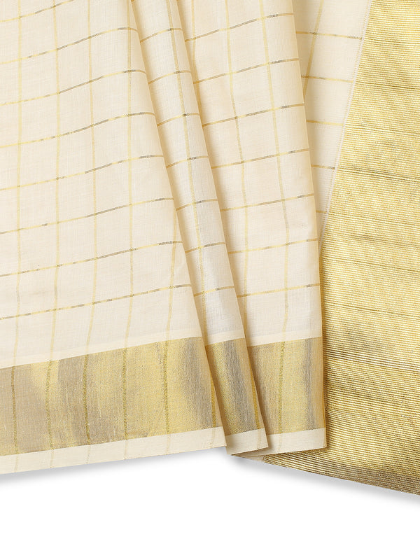 Off-White Cotton Set Saree with Dual Kasavu Borders and Golden Checks