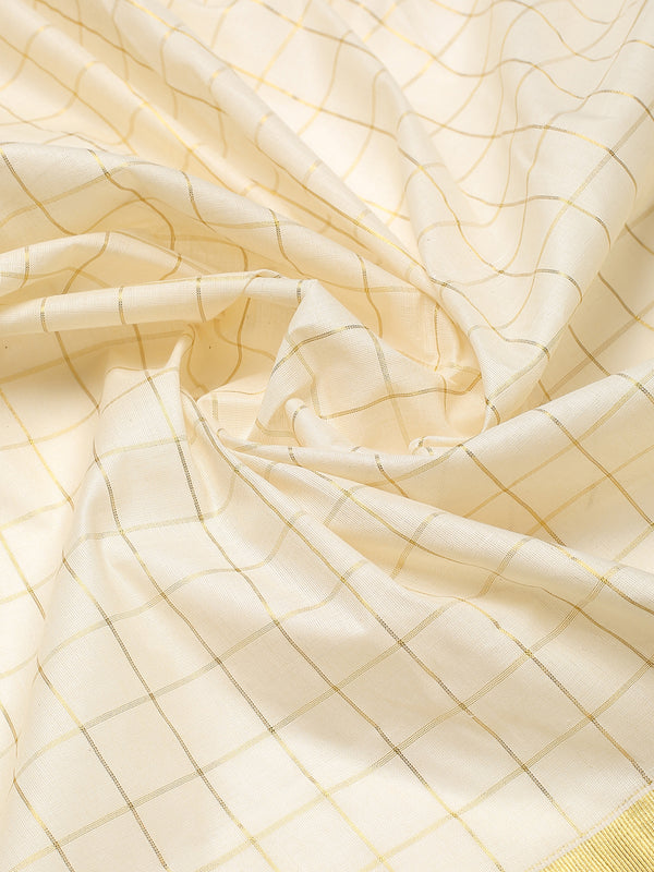 Off-White Cotton Set Saree with Dual Kasavu Borders and Golden Checks