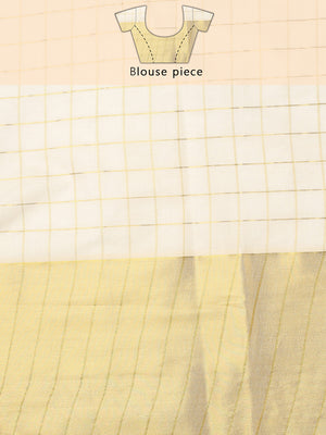Off-White Cotton Set Saree with Dual Kasavu Borders and Golden Checks
